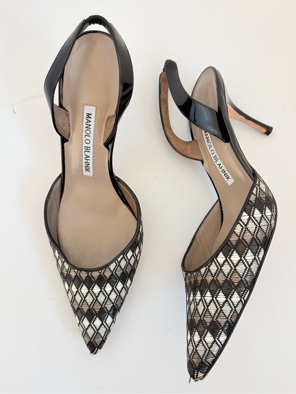 Manolo Blahnik Carolyne Black Geometric Mesh Patent Leather Slingback Heels 37
